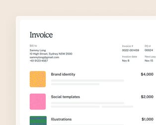 HoneyBook's invoicing interface, showing a client project breakdown for an independent business based in Sydney, Australia.