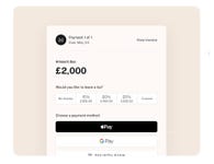 HoneyBook's client payment experience, now available in the UK with local currency support and popular payment methods including Apple Pay and Google Pay.