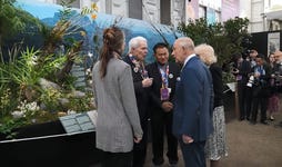 CEA's Senior Advisor, Parke Wright, King Charles III, Queen Camilla, and Dr. Chu Jianjun at the 2026 RHS Chelsea Flower Show.
