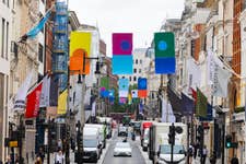 EDITORIAL USE ONLY General view of the newly unveiled series of 27 flags created by artist Ugo Rondinone along Bond Street in London as part of the ninth edition of the annual Art in Mayfair, curated by the New West End Company in partnership with the Royal Academy of Arts during the 258th Summer Exhibition. Picture date: Monday June 8, 2026. PA Photo. The flags are based on the artist’s signature ‘sunrisesunset’ watercolour paintings and will adorn the street from today until mid-August.