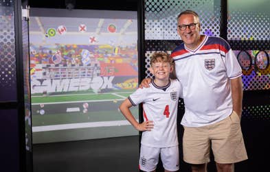 EDITORIAL USE ONLYPaul Merson and his son Freddie mark Father’s Day by taking part in the Football Arcade game at Immersive Gamebox in London, which is available until 31st August. Picture date: Sunday June 21, 2026. PA Photo.