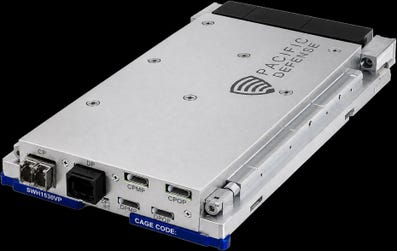 Pacific Defense's SWH1530VP, a next-generation dual-enclave 100/40 Gigabit Ethernet switch engineered to provide secure, deterministic, and high-performance networking for modern Command, Control, Communications, Computers, Cyber, Intelligence, Surveillance, Reconnaissance (C5ISR), Electronic Warfare (EW), and edge computing applications.