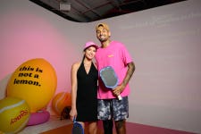 EDITORIAL USE ONLY Nick Kyrgios and Danai Stamati take part in a pop‑up pickleball event held by Hello Nancy in London's Regent's Park ahead of the 2026 Wimbledon Championships, which begin on Monday. Picture date: Saturday June 27, 2026.