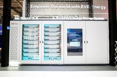 EVE Energy showcases its Mr. Giant 3.0 6.9+ MWh energy storage system at The Smarter E Europe 2026 in Munich, Germany