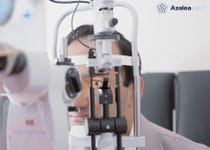 Azalea Vision Co-founder and CTO Andrés Vásquez Quintero undergoing an on-eye evaluation of the ALMA smart contact lens.