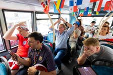 EDITORIAL USE ONLY Harry Redknapp joins football fans aboard LG’s ‘Redknapp’s Red Route’ bus in central London during today's England match as the brand hosts a football-themed viewing experience allowing commuters to watch the game on their journey home. Picture date: Wednesday July 1, 2026. PA Photo. Photo credit should read: David Parry/PA Media Assignments