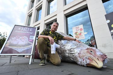 Chris Packham posing with the 4-metre "Frankenwrap"