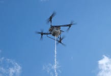 The Silvaguard Suppression Drone can deliver a 100 liter liquid suppressant to autonomously suppress small wildfires detected by Silvanet