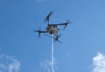 The Silvaguard Suppression Drone can deliver a 100 liter liquid suppressant to autonomously suppress small wildfires detected by Silvanet