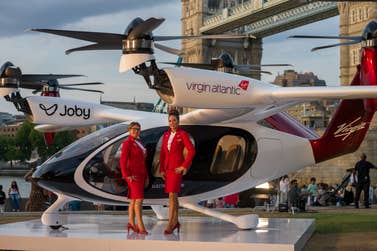 The future of urban travel: Joby Aviation's electric air taxi, in partnership with Virgin Atlantic, on display at Potters Fields Park, Tower Bridge, during its UK public debut, 10-12 July. Credit: Joby Aviation