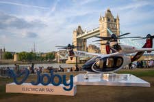 The future of urban travel: Joby Aviation's electric air taxi, in partnership with Virgin Atlantic, on display at Potters Fields Park, Tower Bridge, during its UK public debut, 10-12 July. Credit: Joby Aviation