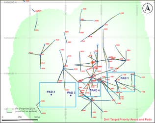 Figure 1: Drill target priority areas and pad locations for the 2026 exploration program. The four selected pads (Pad 1-4) reflect the convergence of geological, statistical, and AI-assisted target assessment methods.