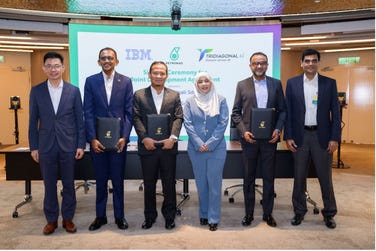 Signing ceremony for the third TriCipta AI Joint Development Agreement, attended by executives from Tridiagonal.ai (T.AI), PETRONAS Carigali, and IBM Malaysia.