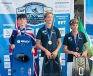 GB's Marley O'Toole (15) on the podium (left) after winning silver in Junior Men at the 2026 European Boat Wakeboard Championships in Greece. Issue date: 20 July 2026. Picture credit: Helen Mathias